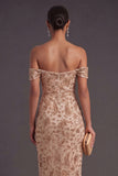 Champagne Sparkly Sequin Off the Shoulder Mermaid Long Wedding Guest Dress with Slit