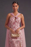 Dusty Rose Sparkly Sequin Halter Sheath Long Wedding Guest Dress with Slit