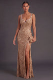Champagne Sparkly Sequin V-Neck Mermaid Long Wedding Guest Dress with Slit