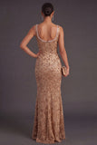 Champagne Sparkly Sequin V-Neck Mermaid Long Wedding Guest Dress with Slit