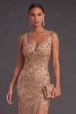 Champagne Sparkly Sequin V-Neck Mermaid Long Wedding Guest Dress with Slit