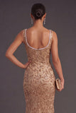 Champagne Sparkly Sequin V-Neck Mermaid Long Wedding Guest Dress with Slit