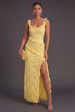 Yellow Floral Sheath Thick Straps Ruffled Long Wedding Guest Dress with Slit
