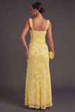 Yellow Floral Sheath Thick Straps Ruffled Long Wedding Guest Dress with Slit