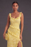 Yellow Floral Sheath Thick Straps Ruffled Long Wedding Guest Dress with Slit