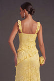 Yellow Floral Sheath Thick Straps Ruffled Long Wedding Guest Dress with Slit