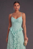 Mint Floral Spaghetti Straps A Line Ruffled Long Wedding Guest Dress