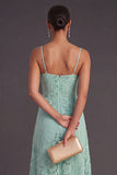 Mint Floral Spaghetti Straps A Line Ruffled Long Wedding Guest Dress