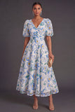 Blue Floral V-Neck A Line Long Wedding Guest Dress with Sleeves