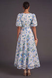 Blue Floral V-Neck A Line Long Wedding Guest Dress with Sleeves
