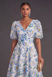 Blue Floral V-Neck A Line Long Wedding Guest Dress with Sleeves