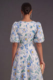Blue Floral V-Neck A Line Long Wedding Guest Dress with Sleeves