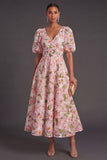 Blue Floral V-Neck A Line Long Wedding Guest Dress with Sleeves