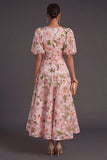 Blue Floral V-Neck A Line Long Wedding Guest Dress with Sleeves