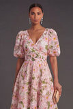 Blue Floral V-Neck A Line Long Wedding Guest Dress with Sleeves