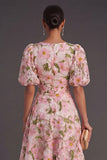 Blue Floral V-Neck A Line Long Wedding Guest Dress with Sleeves