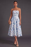 Blue Floral A Line Strapless Long Wedding Guest Dress