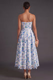 Blue Floral A Line Strapless Long Wedding Guest Dress