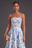 Blue Floral A Line Strapless Long Wedding Guest Dress