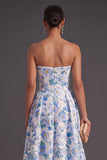 Blue Floral A Line Strapless Long Wedding Guest Dress