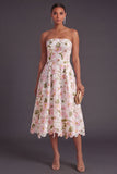 Blue Floral A Line Strapless Long Wedding Guest Dress