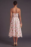 Blue Floral A Line Strapless Long Wedding Guest Dress