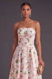 Blue Floral A Line Strapless Long Wedding Guest Dress