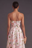 Blue Floral A Line Strapless Long Wedding Guest Dress