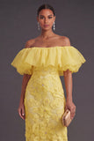 Yellow Floral Sheath Off the Shoulder Ruffled Long Wedding Guest Dress
