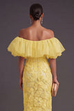 Yellow Floral Sheath Off the Shoulder Ruffled Long Wedding Guest Dress