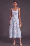 Green Sparkly Floral A Line Square Neck Long Wedding Guest Dress with Beading
