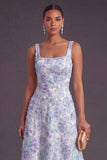 Green Sparkly Floral A Line Square Neck Long Wedding Guest Dress with Beading