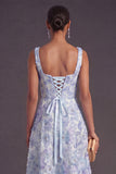 Green Sparkly Floral A Line Square Neck Long Wedding Guest Dress with Beading
