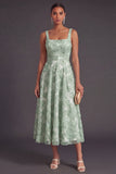 Green Sparkly Floral A Line Square Neck Long Wedding Guest Dress with Beading