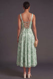 Green Sparkly Floral A Line Square Neck Long Wedding Guest Dress with Beading