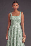 Green Sparkly Floral A Line Square Neck Long Wedding Guest Dress with Beading