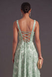 Green Sparkly Floral A Line Square Neck Long Wedding Guest Dress with Beading