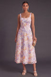 Green Sparkly Floral A Line Square Neck Long Wedding Guest Dress with Beading