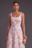 Green Sparkly Floral A Line Square Neck Long Wedding Guest Dress with Beading