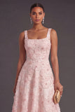 Green Sparkly Floral A Line Square Neck Long Wedding Guest Dress with Beading