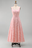 Green Sparkly Floral A Line Square Neck Long Wedding Guest Dress with Beading