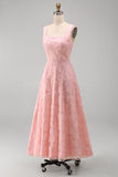 Green Sparkly Floral A Line Square Neck Long Wedding Guest Dress with Beading