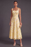Green Sparkly Floral A Line Square Neck Long Wedding Guest Dress with Beading