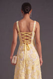 Green Sparkly Floral A Line Square Neck Long Wedding Guest Dress with Beading