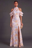 Blue Purple Sparkly Floral Beaded Halter Mermaid Long Wedding Guest Dress with Slit