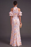 Blue Purple Sparkly Floral Beaded Halter Mermaid Long Wedding Guest Dress with Slit