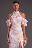 Blue Purple Sparkly Floral Beaded Halter Mermaid Long Wedding Guest Dress with Slit