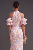 Blue Purple Sparkly Floral Beaded Halter Mermaid Long Wedding Guest Dress with Slit
