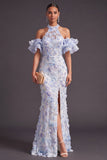 Blue Purple Sparkly Floral Beaded Halter Mermaid Long Wedding Guest Dress with Slit