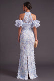 Blue Purple Sparkly Floral Beaded Halter Mermaid Long Wedding Guest Dress with Slit